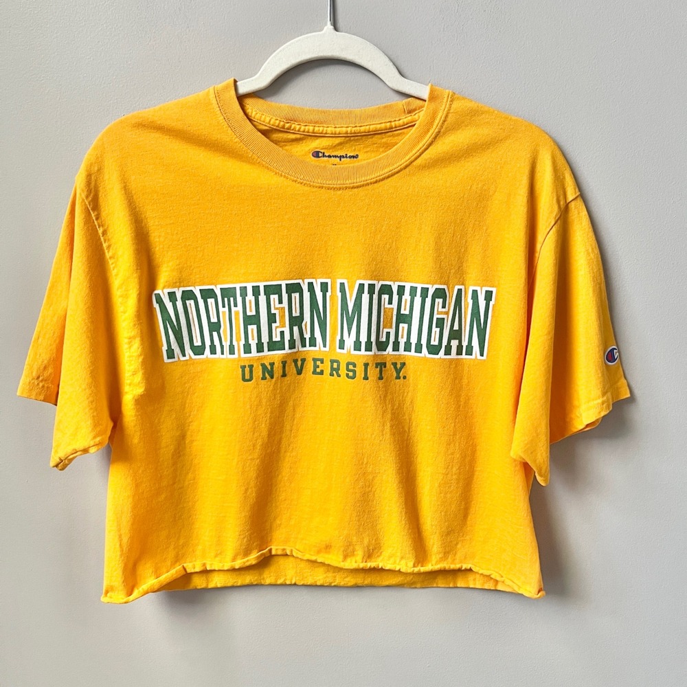 Northern Michigan University Crop Top Women's M Yellow Champion NMU Wildcats Tee